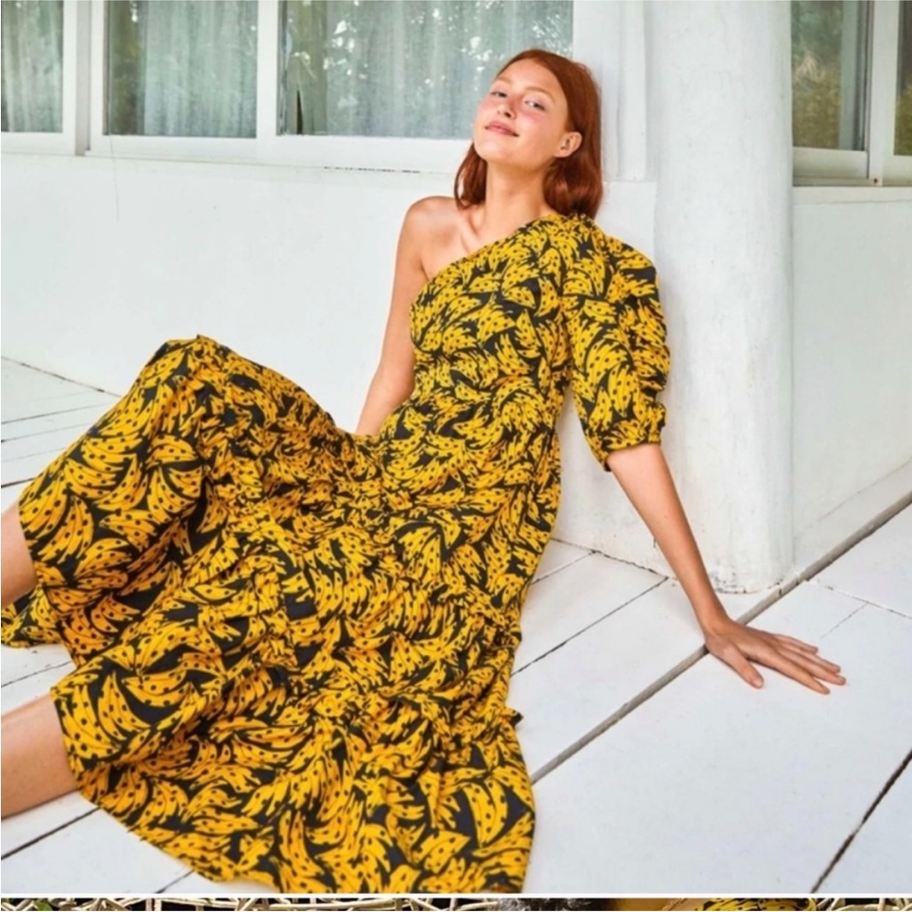 Farm Rio One-Shoulder Yellow and Black Banana Print Midi Dress